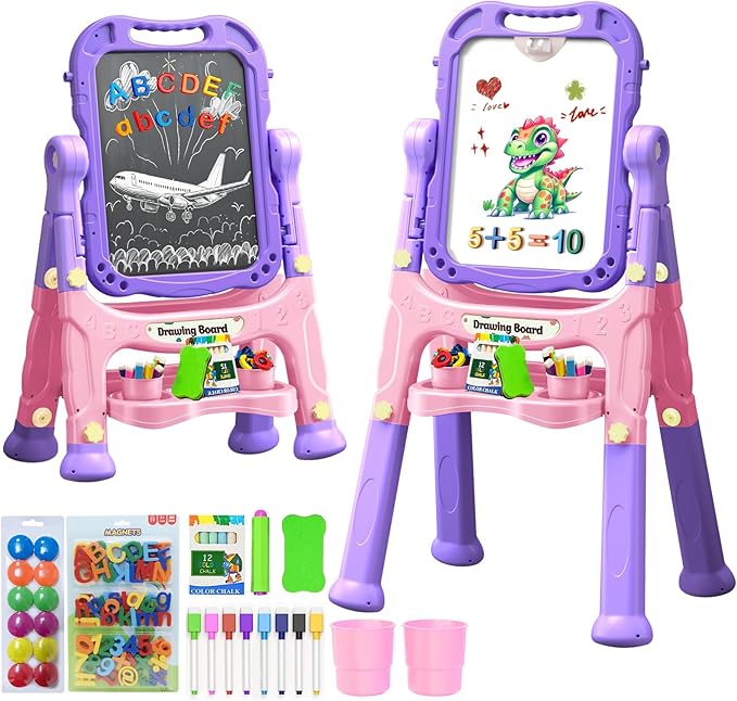 Art Easel for Kids with Magnetic Drawing Board, Double Sided Easel with Magnetic Letters & Numbers Easel, Adjustable Standing Easel for Toddler, Creative Play for Kids