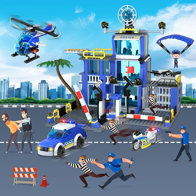 HOGOKIDS City Police Station Building Toys with LED Light - 734pcs Police Building Block Sets with Helicopter Police Motorcycle Vehicle Armored Car, Police Playset Gift for Kids Boys Girls Age 8-12+
