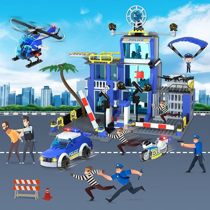 HOGOKIDS City Police Station Building Toys with LED Light - 734pcs Police Building Block Sets with Helicopter Police Motorcycle Vehicle Armored Car, Police Playset Gift for Kids Boys Girls Age 8-12+