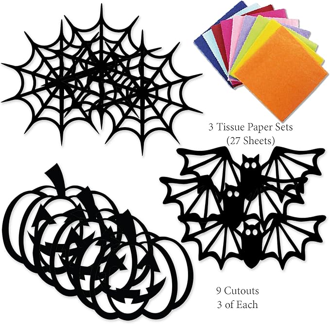 VHALE Suncatchers Craft 3 Sets (9 Cutouts) w Tissue Papers Stained Glass Effect Paper Sun Catcher Kit, Window Art, Classroom Crafts, Creative Art Projects, Kids Party Favors (Halloween)