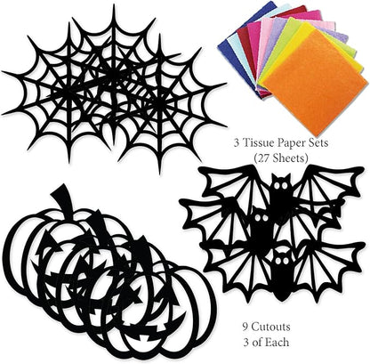 VHALE Suncatchers Craft 3 Sets (9 Cutouts) w Tissue Papers Stained Glass Effect Paper Sun Catcher Kit, Window Art, Classroom Crafts, Creative Art Projects, Kids Party Favors (Halloween)