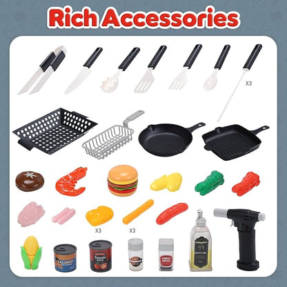 CUTE STONE Kids BBQ Grill Toys, Color Changing Play Food, Sizzling Sound & Light Effects, Cool Mist Spray, Pretend Cooking with Frying & Grilling, 2-Tier BBQ on Wheels - Kitchen Toy, Birthday Gift