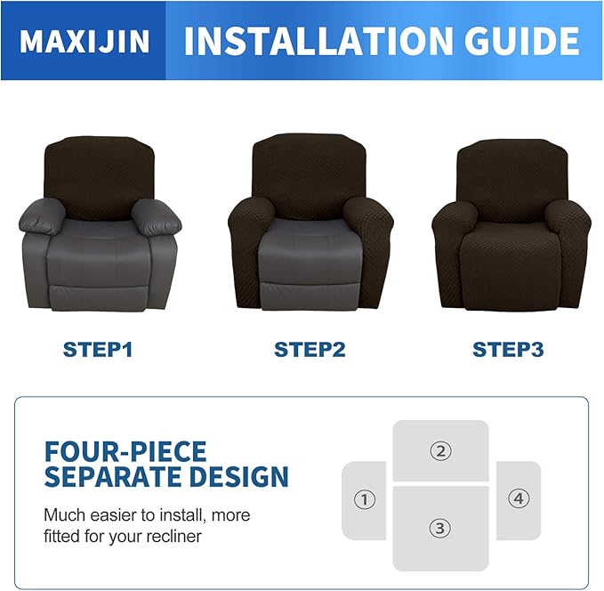 MAXIJIN Oversized Recliner Covers That Stay in Place 4 Pieces Stretch Large Recliner Chair Covers Jacquard Dogs Cats Proof Reclining Slipcovers with Elastic Bottom (XL Recliner, Dark Coffee)