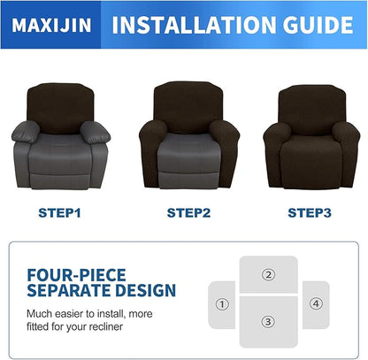 MAXIJIN Oversized Recliner Covers That Stay in Place 4 Pieces Stretch Large Recliner Chair Covers Jacquard Dogs Cats Proof Reclining Slipcovers with Elastic Bottom (XL Recliner, Dark Coffee)