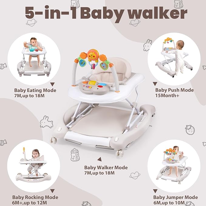 Boyro Baby Baby Walker, 5-in-1 Baby Walkers for Boys and Girls 6-12 Months with Bouncer, Removable Footrest, Feeding Tray & Music, Foldable & Adjustable Activity Walker for 6-18 Months Toddler Infant