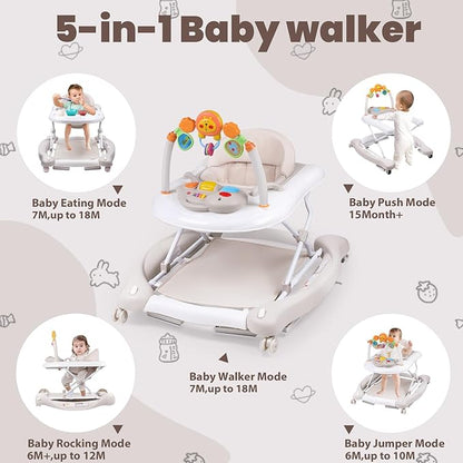 Boyro Baby Baby Walker, 5-in-1 Baby Walkers for Boys and Girls 6-12 Months with Bouncer, Removable Footrest, Feeding Tray & Music, Foldable & Adjustable Activity Walker for 6-18 Months Toddler Infant