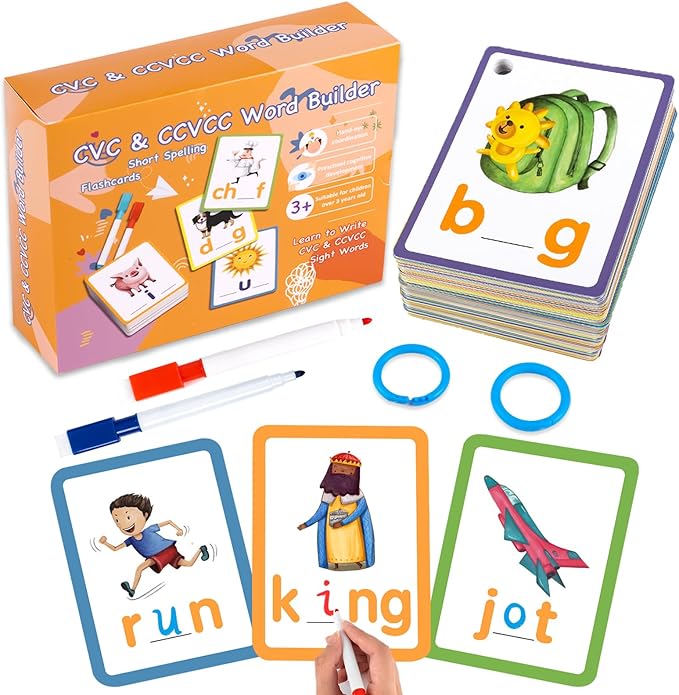 Phonics Sight Words Flash Cards Kindergarten, CVC Word Games Vowel Spelling Flashcards Learn to Read Write Montessori Educational Homeschool Supplies for Toddlers Preschool Learning Activities
