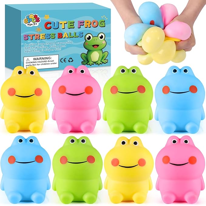 8 Pack Squishy Squeeze Stress Ball Fidget Toys for Adults, Big Cute Frog Sensory Squishy Toys, Squeeze Stress Toys Bulk for Party Favors, Classroom Prize Gift, Easter Basket Stuffers for Kids