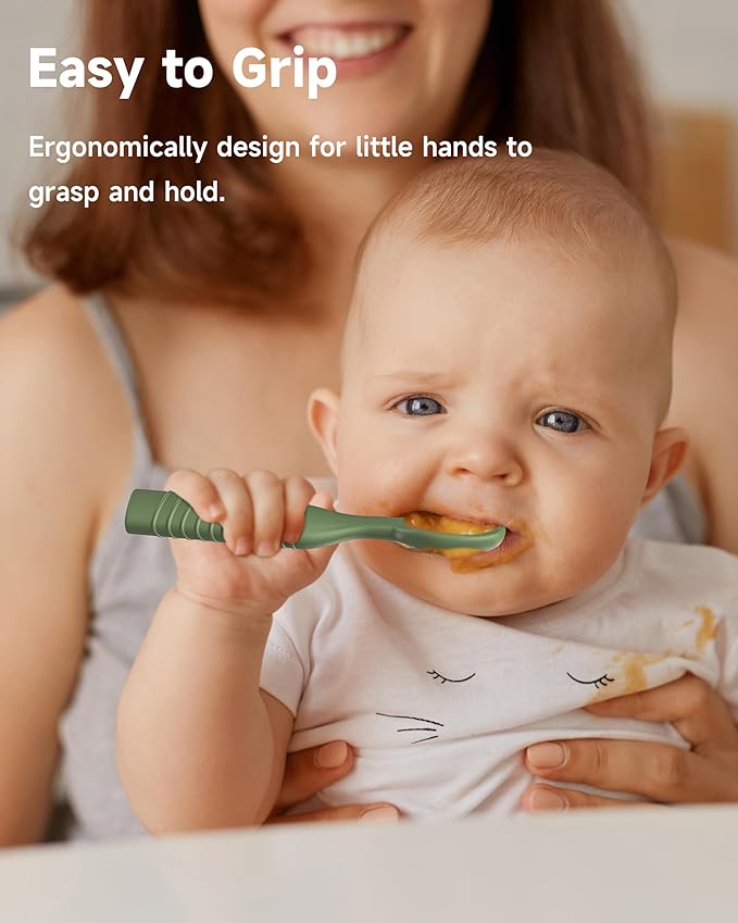 2 Pack Baby Spoons, First Stage Spoons, Food Grade Silicone, 6+ Months, Teething for Self Feeding, Toddler Utensils for Baby Led Weaning, BPA Free