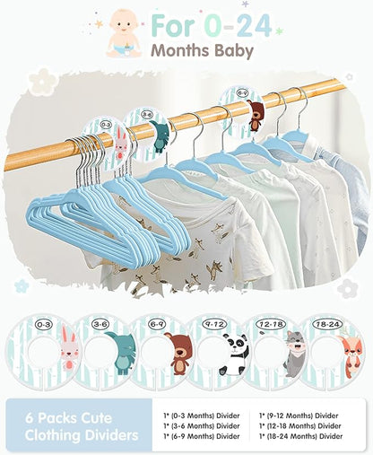Baby Hangers, VIS'V 11 Inch Blue Velvet Kids Hangers with 6 Pcs Size Dividers Non Slip Nursery Children Closet Clothes Hangers for Infant Toddler Girls and Boys 30 Pcs