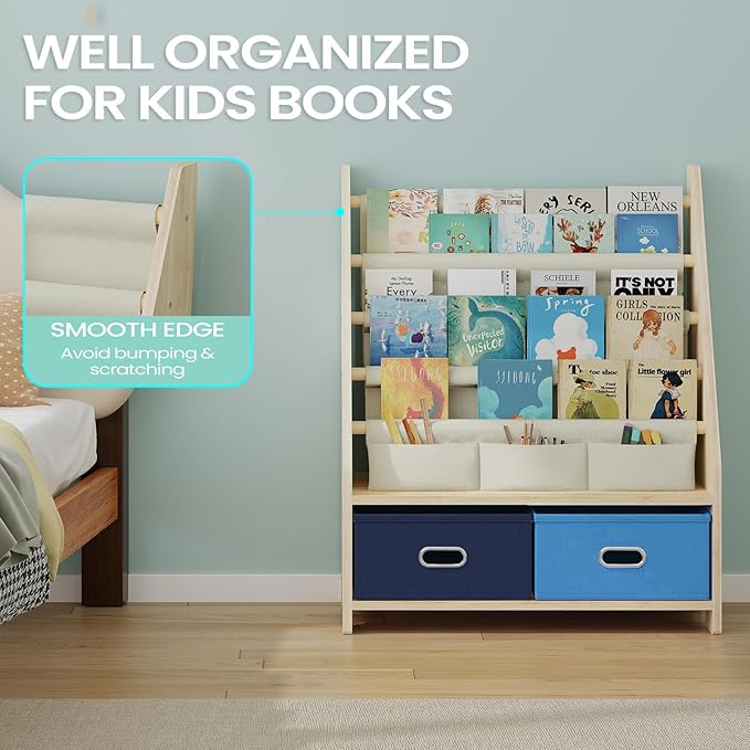 EXPERLAM 4 Tier Kids Book Shelf, Wooden Kids Book Rack Storage Bookshelf with Toy Storage Organizer, Toddler Sling Bookshelf for Boys, Girls, Kids Room, Blue