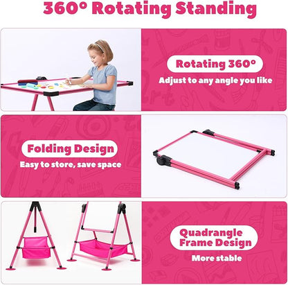 Kids Art Easel Double-Sided Easel Designed with Height Adjustable Function & Large Storage Bag Whiteboard & Chalkboard 360°Rotating Kids Drawing Easels for Kids Toddlers (26inch-43inch)