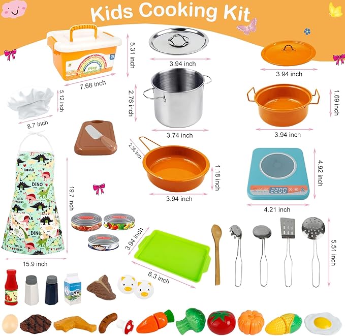 Play Kitchen Accessories Toy for Kids, Kids Kitchen Playset with Stainless Steel Play Pots and Pans, Kitchen Set for Kids, Birthday Gifts Toys for Girls Boys Ages 4 5 6 7 8