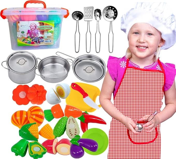 FUNERICA Toddler Kitchen Accessories Playset with Cutting Food Vegetables - Stainless-Steel Play Pots & Utensils - Apron & Chef Hat - Toy Knife & Cutting Board (Apron: Red. Checkerboard Design)