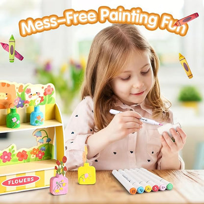 Crelloci DIY Mini Plaster Flower Vase Craft Kit – 3D Painting & Flower Arranging Toy for Kids – Creative Arts and Crafts Set for Girls Ages 3-8, Preschool Art Gift