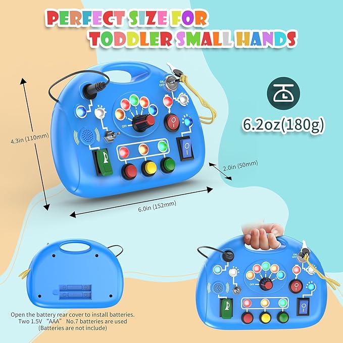 Busy Board with LED Light, Montessori Busy Board for 1+ Year Old, Sensory Toys with Sound and Switches, Fidget Board for Kids Electronic Early Development Toys Boys Birthday (Blue)