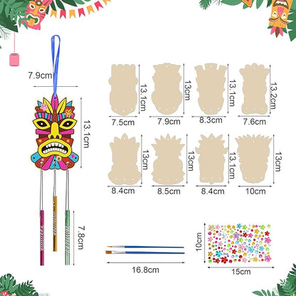 Fennoral 9 Pack Wind Chime Kit for Kids Make Your Own Tiki Wind Chime Wooden Arts and Crafts for Girls Boys DIY Coloring Hawaii Craft for Hawaii Summer Aloha Party Supplies Luau Party Decoration