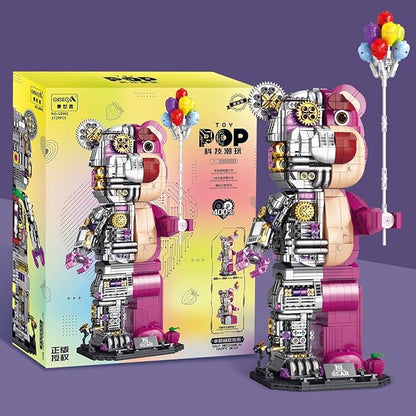 Pink Small Particles(1729 Pieces)Semi-Mechanical Building Block Teddy Bear Compatible with Lego Suitable for Ages 15+ Comes with a Transparent Display Box and a Multi-Functional Building Block Hammer