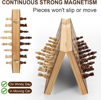 Magnetic Chess Board Set for Adults & Kids, 15" Wooden Folding Chess Boards, Handcrafted Portable Travel Chess Game with Pieces Storage Slots