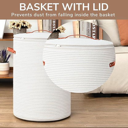 CHICVITA Tall Laundry Basket with Lid, White Clothes Laundry Hamper for Nursery, Cotton Rope Storage Basket for Clothes, Blankets, Toys, Laundry Bin, 15 x 20 inches