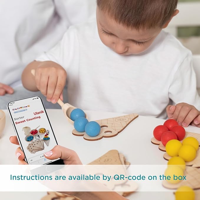 Ulanik Sweet Counting Large Toddler Montessori Toys for 3 Year Old + Kids Wooden Matching Game for Learning Color Sorting and Counting — 60 Balls, 0.98 in