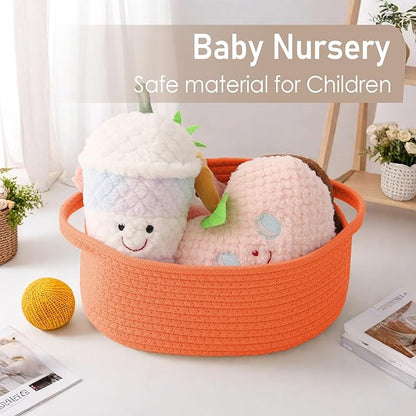 JMvicyroam Woven Basket,Small Rope Storage Bin with Handles & Ribbon Bag, Organizer for Shelves Closets,Gift Basket Empty for Birthday,Books,Dog Toys, Orange/2 Pack