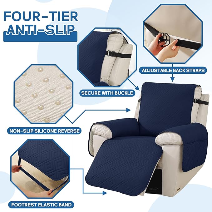 XINEAGE 100% Waterproof Recliner Cover, Non Slip Recliner Chair Cover with Elastic Band, Washable Recliner Slipcover with Storage Pockets for Kids, Pets (Dark Blue, 30")