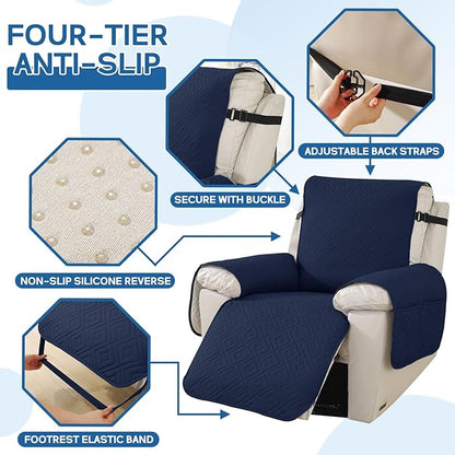 XINEAGE 100% Waterproof Recliner Cover, Non Slip Recliner Chair Cover with Elastic Band, Washable Recliner Slipcover with Storage Pockets for Kids, Pets (Dark Blue, 23")