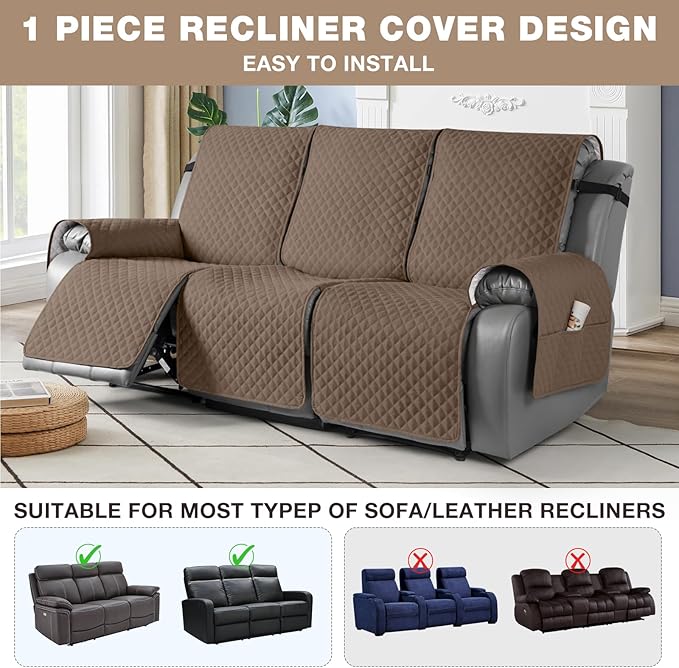 TAOCOCO Waterproof Recliner Couch Covers Sofa Slipcover for 3 Cushion Couch, Pet Sofa Cover for 3 Seat Recliner, Washable Reclining Sofa Cover Furniture Protector with Straps(3 Seater, Brown)