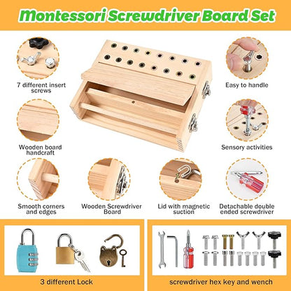 Montessori Screwdriver Board Set, Montessori Toys for 3 4 5 with 3 Lock and Keys, Toddler Screwdriver Toy, Kids Tool Set, Preschool Learning Sensory Toy, Fine Motor Skills Toys