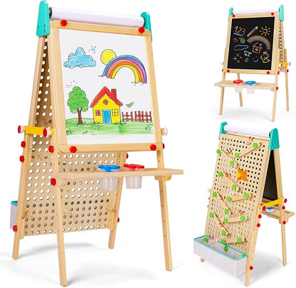 Kids Easel Wooden Marble Run for Kids, 4-in-1 Toddler Art Easel for Kids 3+ Painting Station Stand Drawing, Double-Sided 6 Heights Black Chalkboard Magnetic Whiteboard Paper Roll Holder