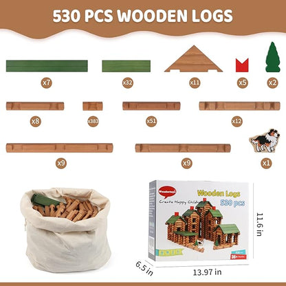 Wondertoys 530 Pcs Wooden Logs Set Ages 3+, Classic Building Log Toys for Kids, Creative Construction Engineering Educational Gifts