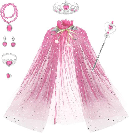 Fedio Princess Cape Set 7 Pieces Girls Princess Cloak with Tiara Crown, Wand for Little Girls Dress up (Pink)