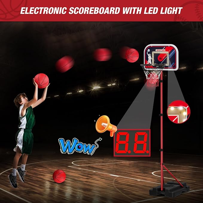 HYES 4 in 1 Kids Basketball Hoop and Tball Set 3-5, Basketball Goal with Scoreboard&LED, Hanging Tee Ball Stand with Baseball Pitching Machine, Indoor Outdoor Sport Toys for Boys 4-8