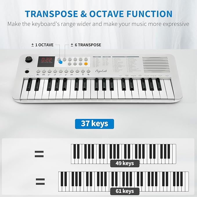 POGOLAB MK1 37 Keys Kids Keyboard Piano, Mini Portable Multi-Function Piano with Excellent Sound Quality, Built-In Speaker & LED Display, Small Electric Music Keyboard Gift for Beginners (White)