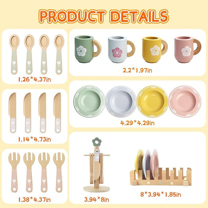 Play Dishes for Kids Kitchen, Wooden Play Kitchen Accessories, Play Plates and Cups for Kids Kitchen , Play Kitchen Dishes for Toddlers Boys and Girls 3 4 5 6