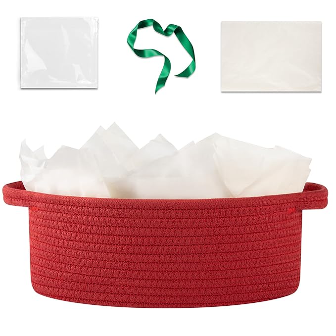 OIAHOMY Gift Basket with Handle, Small Woven Basket with Gift Bag, Ribbon and Wrap Tissue Paper, Nursery Bins Empty to Fill with Small Items, Baby, Pet Toy Organizer - Red