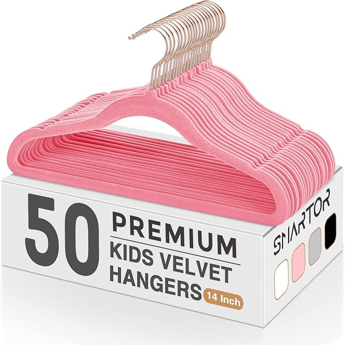 Smartor Kids Velvet Hangers 50 Pack, 14'' Inch Premium Non Slip Kids Felt Hangers for Closet, Space Saving Toddler Clothes Hanger for Youth's Childrens' Clothes (Rose Gold Hook)- Pink