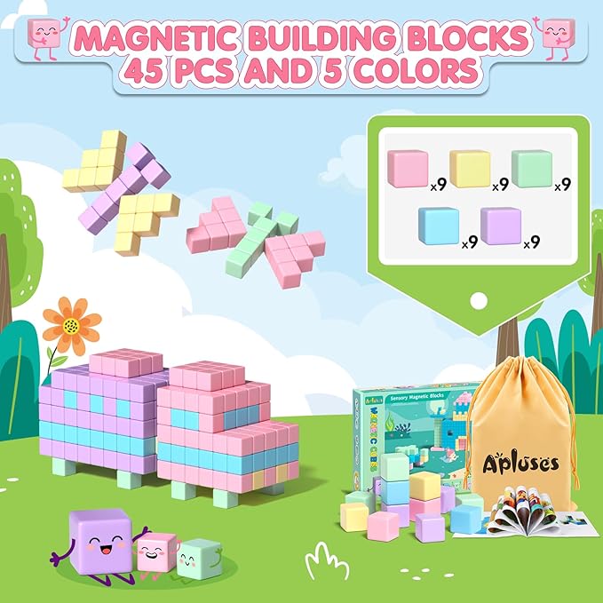 Apluses 45PCS Magnetic Blocks - Toddler Girl Toys, Magnet Building Blocks, STEM Sensory Outdoor Autism Toys for 3-5 Year Old Boys & Girls, Magnetic Cubes Classroom Must Haves for Kids Ages 3+