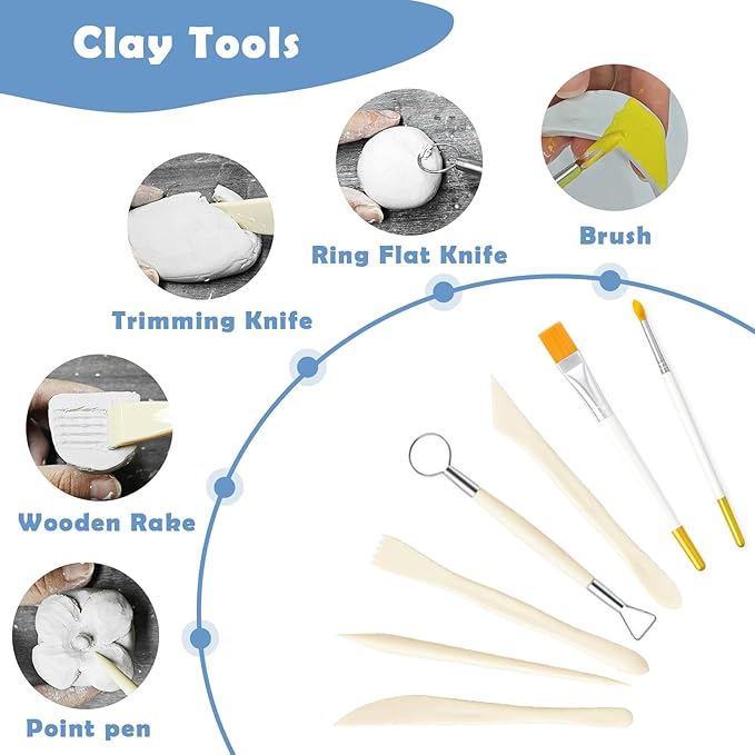 EIGTWEN 20pcs Air Dry Clay for Adults Kit, Includes Air Dry Clay and 50ml Gloss Glaze, Sculpting Tools, 8 Colors of Paint, Paintbrushes, Brushes, Sponges, A Surprise Gift for Art and Craft Enthusiasts