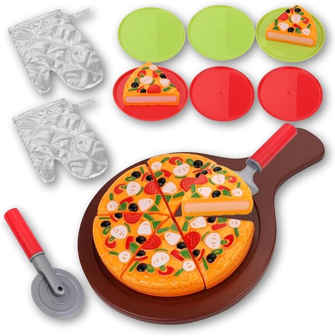15-Piece Pizza Party Play Set for Kids - Realistic Pizza Pie Pretend Play Food Kit - Slice and Serve Plastic Kitchen Cooking and Cutting Playset