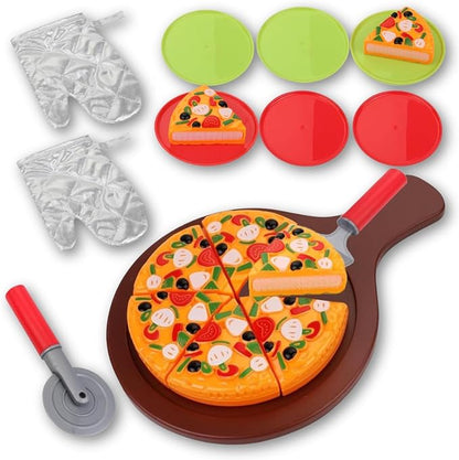 15-Piece Pizza Party Play Set for Kids - Realistic Pizza Pie Pretend Play Food Kit - Slice and Serve Plastic Kitchen Cooking and Cutting Playset
