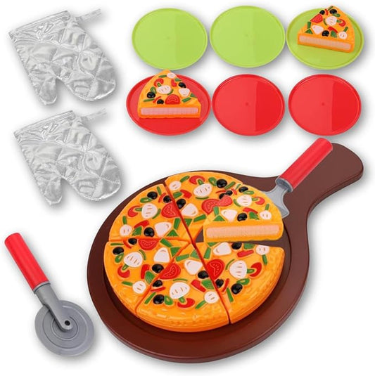 15-Piece Pizza Party Play Set for Kids - Realistic Pizza Pie Pretend Play Food Kit - Slice and Serve Plastic Kitchen Cooking and Cutting Playset
