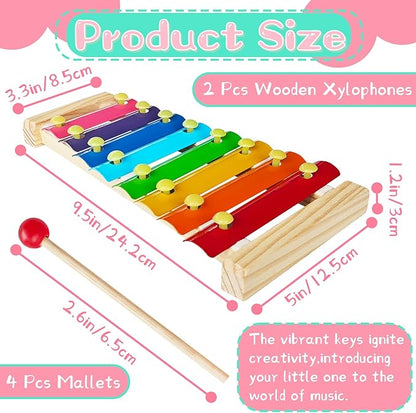 2 Pcs Wooden Xylophone for Kids,Xylophone Educational Musical Toy with 2 Child Mallets 8 Diatonic Keys,Xylophone Wooden Instruments Toys for Toddlers