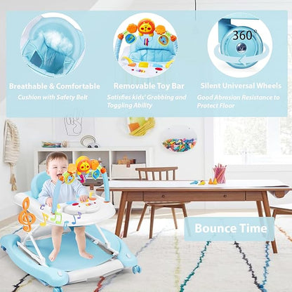 Boyro Baby Baby Walker, 5-in-1 Baby Walkers for Boys and Girls 6-12 Months with Bouncer, Removable Footrest, Feeding Tray & Music, Foldable & Adjustable Activity Walker for 6-18 Months Toddler Infant