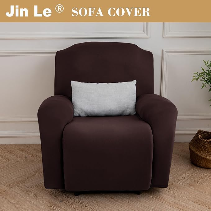 Jin Le 4 Pieces Recliner Cover Stretch Recliner Chair Cover 1 Seater Recliner Couch Covers Sofa Covers Stretch Soft Furniture Protector with Elastic Bottom and Ties for Kids Pet(Recliner, Brown)