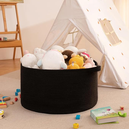 OIAHOMY 105L Blanket Basket for Living Room, Large Basket 23.6" x 23.6" x 14.6" with Handle, Laundry Hamper for Blankets, Pillows, Toy Storage for Kids, Dogs - Black