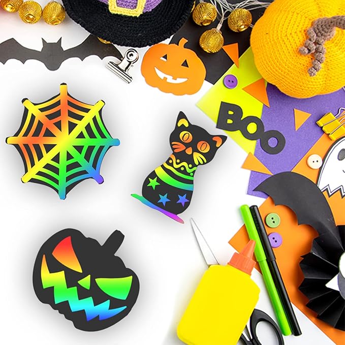 48 Pieces Halloween Scratch Crafts for Kids, DIY Rainbow Magic Scratch Paper, Bat Pumpkin Halloween Haunted House Arts and Crafts Ornaments Decoration for Halloween Activity Party Favor