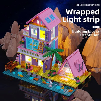 Girl Beach House Building Blocks Toys for Girls Age 8+, Seaside Villa Friends Building Set with Light, 791pcs Mini Bricks