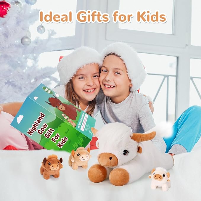 4 Pieces Highland Cow Stuffed Animals - 1 Mommy Stuffed Highland Cow with 3 Babies - White Cow Gifts for Girls Age 3-8, Cows Plush Toys for Christmas, Valentine's, Birthday Gifts (White)